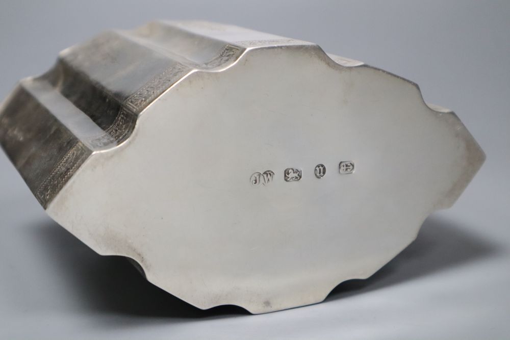 A late Victorian 18th century style shaped oval tea caddy, John Edward Wilmot, Birmingham, 1894 (repaired),